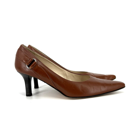 Talbots Pumps Womens 6.5 Carmel Brown Smooth Leather Pointed Toe Kitten Heel - Picture 1 of 6
